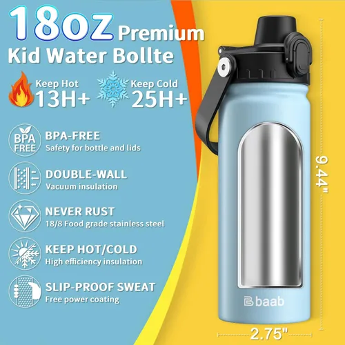 Miniatura 2 de baab Botella de Agua para Niños de 18 oz, Botella de Agua Aislada para Niños con Tapa de Boquilla Bloqueable y Calcomanías, Taza de Agua para Niños