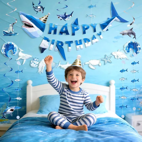 Miniatura 6 de Paper Jazz Decoración de tiburón oceánico, decoración de fiesta de tiburón ballena para pared, pancarta de cumpleaños bajo el mar con remolinos, Azul