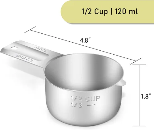 Miniatura 2 de 2 piezas 1/2 taza (120 ml, 4 oz) Taza medidora individual, cuchara medidora de acero inoxidable, medida métrica y en EE. UU., apta para lavavajillas