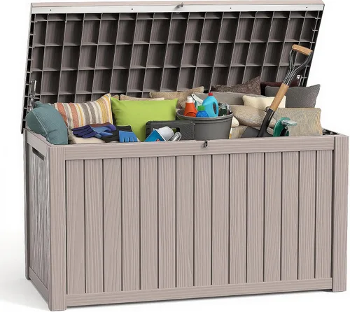 Miniatura 7 de ROJIK Caja de almacenamiento para exteriores, caja de cubierta impermeable de 85 galones, contenedor de almacenamiento exterior de resina resistente