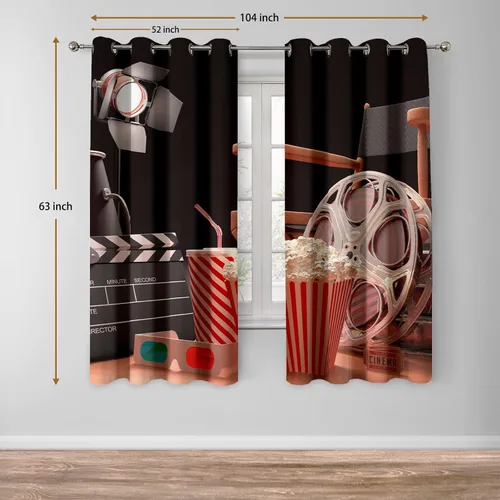 Miniatura 2 de Jekeno - Cortinas opacas de cine para dormitorio, sala de estar, carrete de película con estampado rojo y negro, con ojales, juego de 2 paneles, 52