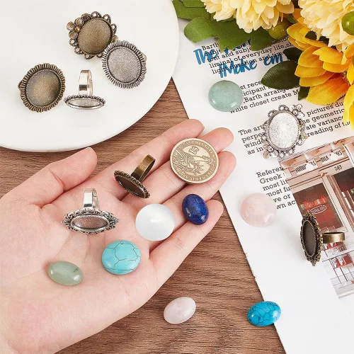 Miniatura 3 de SUNNYCLUE 16 piezas DIY 8 juegos de anillos bisel en blanco piedra natural cabujones estilo antiguo anillo de dedo ajustable componentes en blanco
