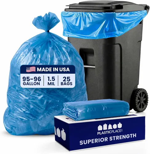 Plasticplace Bolsas de basura de reciclaje de 95 galones, 61 pulgadas de ancho x 68 pulgadas de alto, 1.5 mil, azul, 25 unidades (paquete de 1)