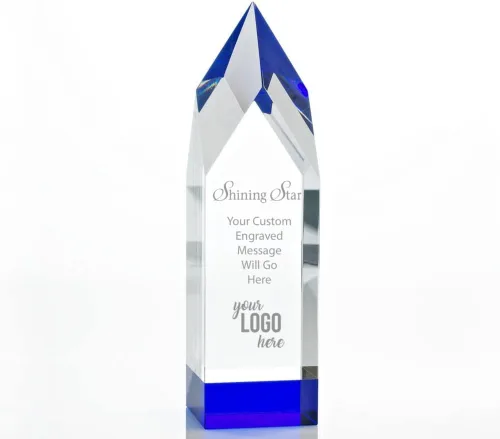 Miniatura 6 de Baudville Trofeo grabado – Cristal – Azul en la base – Premio para empleados – Grabado personalizado – Viene en caja de regalo