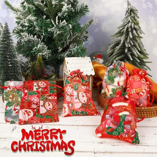 Miniatura 7 de DTOFOOT Bolsas de organza de Navidad, bolsas de regalo para joyas, 40 unidades de 4 x 6 pulgadas, pequeños copos de nieve de Papá Noel de Navidad