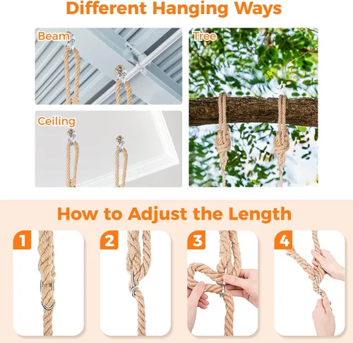 Miniatura 5 de Columpio de madera para árbol, columpio de madera para adultos/niños con capacidad de carga de 500 libras, asiento de columpio de madera