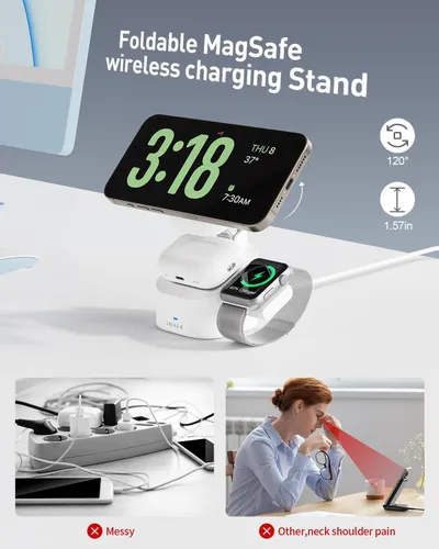 Miniatura 5 de iWALK Soporte de carga inalámbrico magnético 3 en 1, estación de carga plegable de 15 W para iPhone 16/15/14/13/12, Apple Watch y AirPods, base