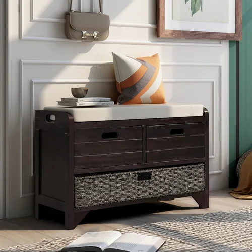 SOFTSEA Banco de Almacenamiento Tapizado, Otomana de Almacenamiento con Cesta Removible y 2 Cajones, Banco de Zapatos de Estilo Granja con Cojín de