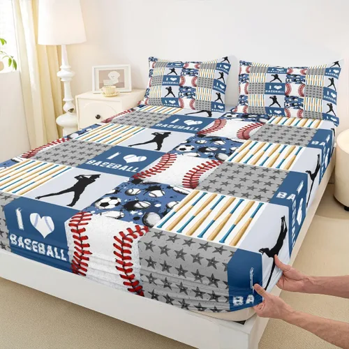 Miniatura 10 de Erosebridal Sábana bajera ajustable de béisbol tamaño individual, juego de cama de juegos deportivos para niños, niñas, adolescentes y adultos
