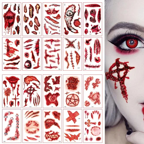 20 hojas de tatuajes temporales de Halloween, cara corporal, realista, costuras falsas, calcomanías de tatuaje, impermeables, para disfraz de