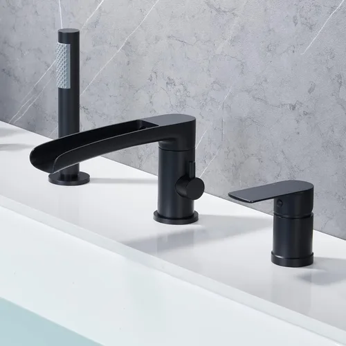 DASAN DA-TF09WH-BK - Juego de grifo de bañera romano con rociador de ducha de mano de 3 agujeros, juego de grifo de bañera romana de cascada negro