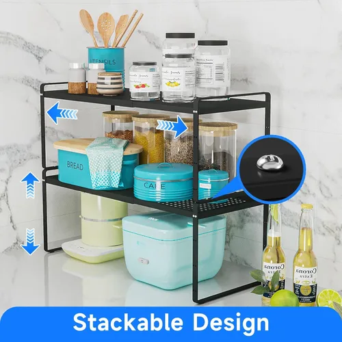 Miniatura 3 de Organizador de estantes de cocina expandibles, organizador de gabinete de cocina, organizador de estante para encimera, despensa, estante de Negro