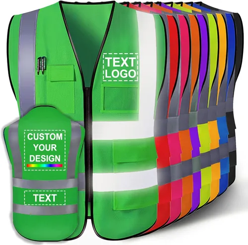 Chaleco de seguridad personalizado para hombres con logotipo, chaleco reflectante de alta visibilidad personalizable con bolsillos, unisex para Verde