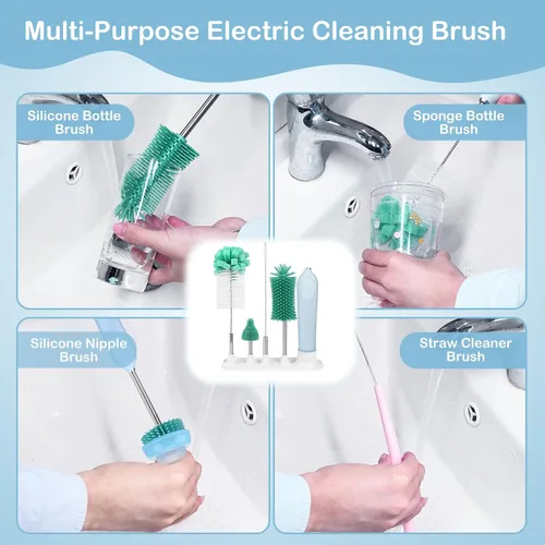Miniatura 3 de Limpiador eléctrico de cepillo de botellas con soporte, limpiador automático recargable de botellas de agua con mango de extensión de acero