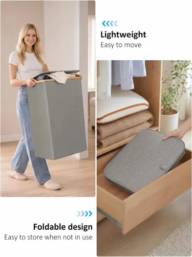 Miniatura 6 de iEGrow Cesto para la ropa sucia con tapa, cesta grande para la ropa sucia de 110 litros con asa y tapa, organizador de ropa plegable con bolsa Gris