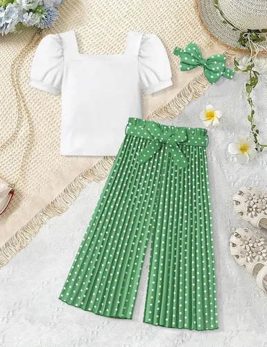 Miniatura 57 de DONWEN Conjunto de 3 piezas de ropa para niñas pequeñas y niñas con cuello cuadrado + pantalones elegantes + diadema para primavera y verano
