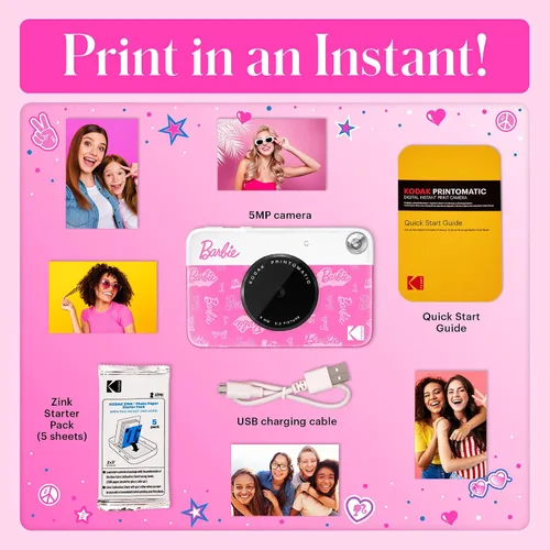 Miniatura 3 de Barbie x Kodak Printomatic - Cámara digital de impresión instantánea a todo color, cámara Barbie portátil de 5 MP imprime fotos coloridas adhesivas