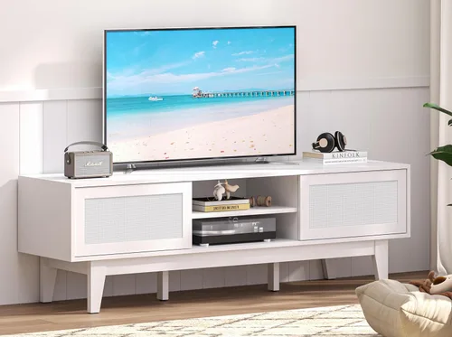 Miniatura 8 de Soporte de TV estriado para TV de 55 y 65 pulgadas, centro de entretenimiento moderno de mediados de siglo con estantes, gabinetes y puertas