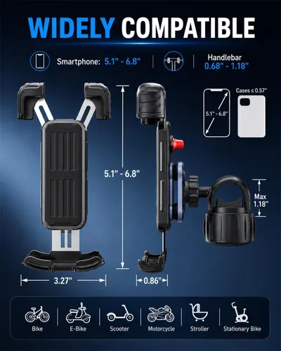 Miniatura 6 de Hiboy Soporte de teléfono para motocicleta, amortiguador de vibraciones mejorado, soporte giratorio de 360°, clip de teléfono para manillar