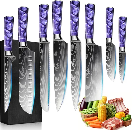 Miniatura 12 de Juego de 10 cuchillos de cocina japoneses de alta calidad, colección Imperial, patrón láser de damasco, acero inoxidable 440A ultra afilado