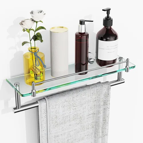 Miniatura 8 de Estante de baño flotante de vidrio templado con toallero, níquel cepillado y acero inoxidable, montaje en pared de 16 pulgadas