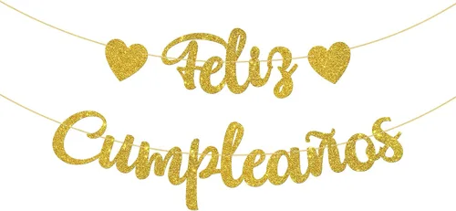 WeBenison Cartel de Feliz Cumpleaños con temática de fiesta de feliz cumpleaños/decoraciones de fiesta de cumpleaños en español, purpurina dorada