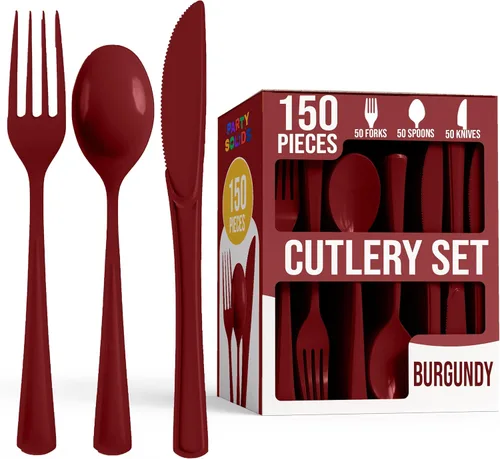 Miniatura 9 de Party Solids Cerise - Cubiertos de plástico resistentes, 150 piezas de cubiertos desechables de Cerise, juego de utensilios, 50 de cada tenedor