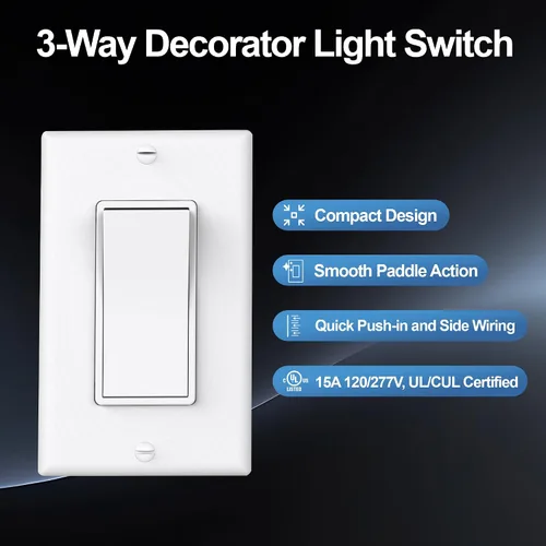 Miniatura 2 de ThunderWay - Interruptor de luz para decoración de 3 vías con placas de pared, 15 A 120/277 V, interruptores basculantes de pared Decora de tres