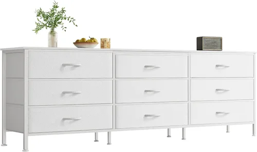 Huuger Cómoda de 63 pulgadas para dormitorio, cómoda para armario con 9 cajones de tela, soporte de TV grande para TV de 55, 65, 70 pulgadas, centro
