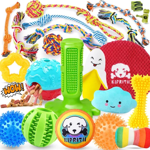 KIPRITII Juego de 25 juguetes para perros, ideal para dentición, entretenimiento y juego interactivo, incluye juguetes para cachorros, juguetes de