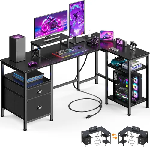 Furologee Escritorio para computadora en forma de L con toma de corriente, escritorio reversible de oficina en casa para estudio de trabajo, mesa de