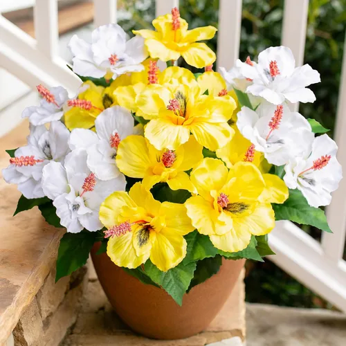Miniatura 11 de HyeFlora Flores artificiales para exteriores, hibisco sintético, decoración exterior de verano, 4 paquetes de plantas artificiales tropicales