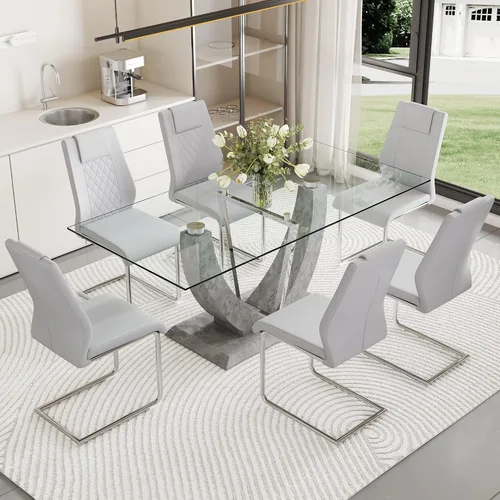 Miniatura 11 de Juego de mesa de comedor de cristal para 6, juego de mesa de cocina de 7 piezas con 6 sillas, mesa de vidrio templado de 71 pulgadas con sillas
