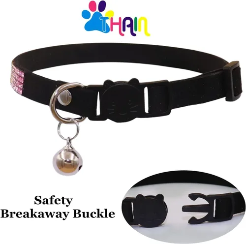 Miniatura 4 de THAIN Bling cat Collar de gatito Rainbow Rhinestone Breakaway Diamond con campana Terciopelo suave liberación rápida (negro)