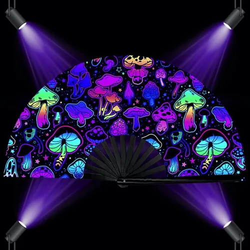 Miniatura 8 de Zolee Ventilador de mano plegable UV Glow Rave con varillas de bambú para hombres y mujeres, gran ventilador de festival Clack - para EDM, fiesta