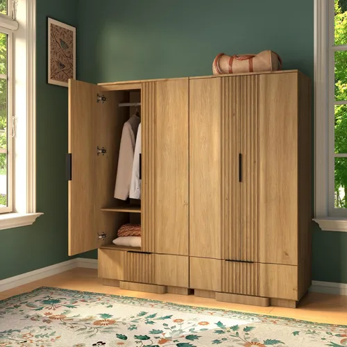 Miniatura 11 de Yechen Armario estriado de 67 pulgadas con puertas y cajón, armario de madera con estante ajustable, armarios pequeños modernos para almacenamiento