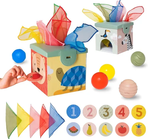 Miniatura 11 de Taf Toys Caja de Pañuelos Sensoriales Arrugados para Niños Pequeños. Juguete STEM Montessori con Pañuelos Suaves Coloridos y Mantitas Crujientes