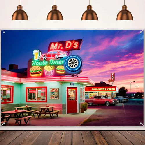 Miniatura 10 de HANYING Fondo retro para cena de los años 50, Ruta 66 Restaurante Ciudad Nocturna, Fondo de Fotografía, 7 x 5 pies, Decoración de fiesta