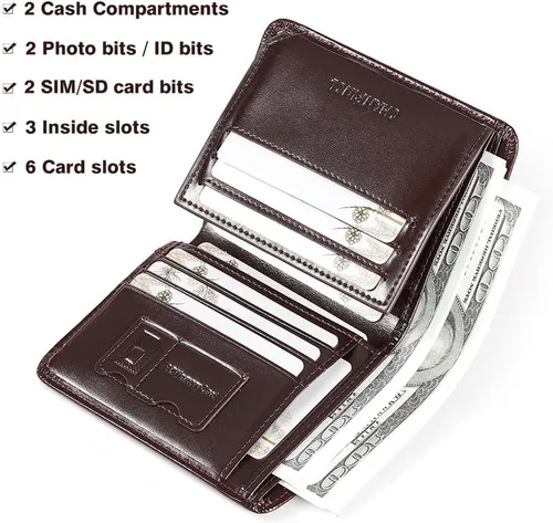 Miniatura 49 de Billetera de piel triple con bloqueo RFID para hombre con 2 ventanas de identificación, 2 compartimentos para efectivo, 6-8 ranuras para tarjetas