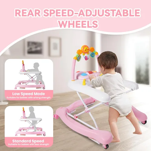 Miniatura 5 de Andador de bebé, 5 en 1 para niños y niñas de 6 a 12 meses, andadores plegables para bebés con gorila y bandeja de alimentación, música, alturas