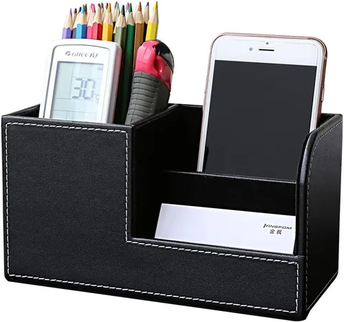 Miniatura 12 de KINGFOM Organizador de escritorio caddy de suministros de oficina de cuero PU, caja de almacenamiento multifunción para bolígrafo/lápiz, teléfono