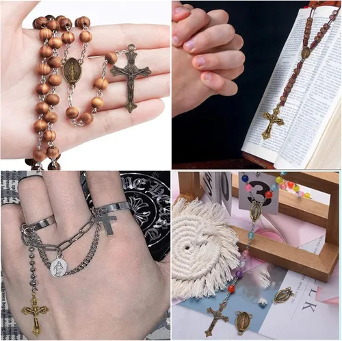 Miniatura 6 de 40 piezas de 4 estilos de cruz y centro de rosario de aleación tibetana María milagrosa medalla Jesús Crucifijo Crucifijo y eslabones ovalados