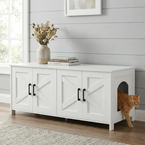 Miniatura 10 de Caja de arena para gatos Homhedy, mueble de baño de madera para gatos con puerta de granero, casa para mascotas, se adapta a la mayoría de las cajas