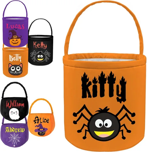 Miniatura 12 de Cubos personalizados de Halloween para pedir dulces o trucos, cesta de Halloween personalizada con nombre para niños, bolsas de Halloween