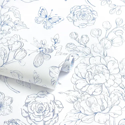 CiCiwind Papel tapiz floral despegar y pegar, papel de contacto azul y blanco, bohemio moderno autoadhesivo removible para baño dormitorio