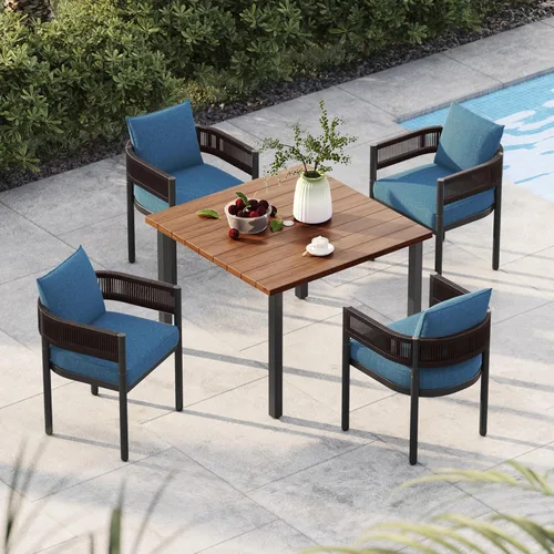 Miniatura 38 de Juego de comedor al aire libre Grand Patio de 5 piezas para 4, sillas de patio fijas de mimbre tejido metálico con cojines engrosados y 1 mesa