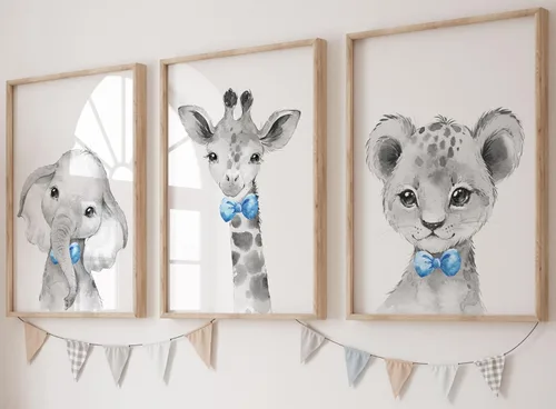 Safari Animals - Juego de 3 impresiones artísticas de pared sin marco, carteles de animales grises con pajarita azul, elefante jirafa león, póster