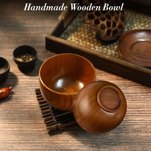 Miniatura 3 de Juego de 2 cuencos de madera para alimentos, pequeños cuencos de madera con cucharas de madera para postre aperitivos, sopa, juego de vajilla