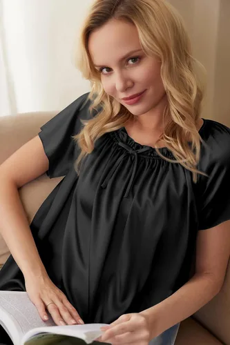 Miniatura 3 de Ekouaer Camisón plisado de seda satinada para mujer, ropa de dormir suelta, camisón estampado de manga corta