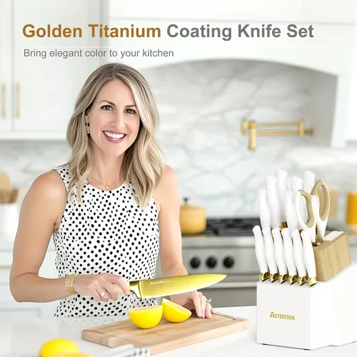 Miniatura 6 de Astercook Juego de cuchillos de cocina de 15 piezas, con revestimiento de titanio dorado saludable, juego de cuchillos de espiga completa con bloque